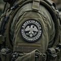 Black twill Iron on patch 3" with raised white embroidery