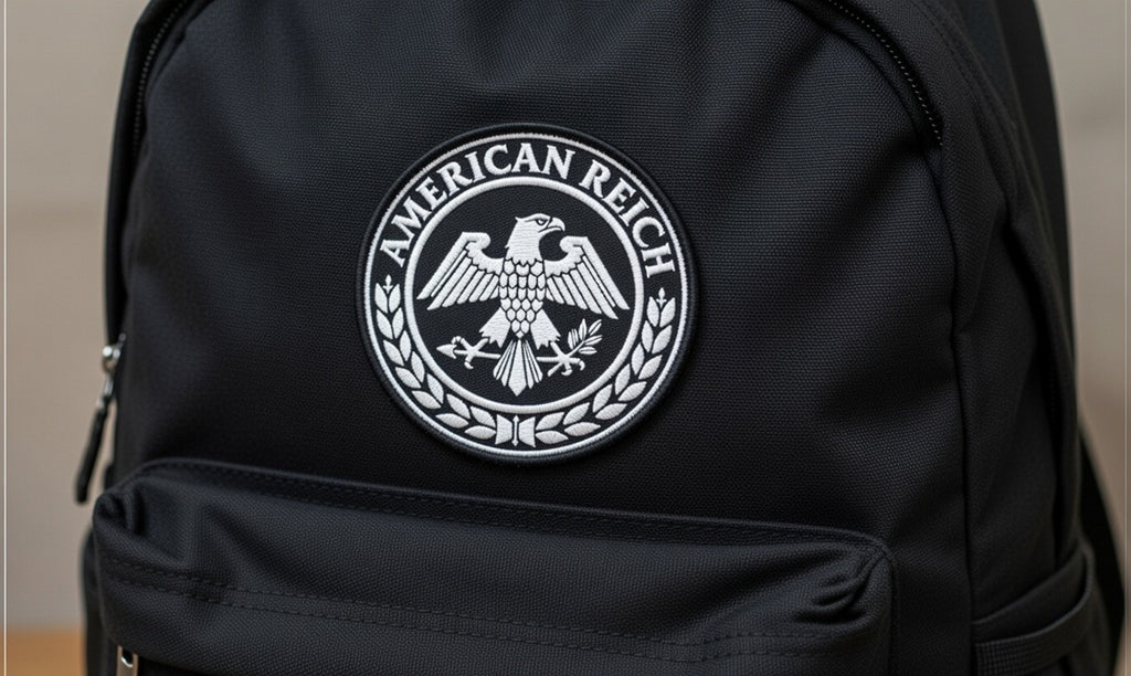 Black twill Iron on patch 3" with raised white embroidery