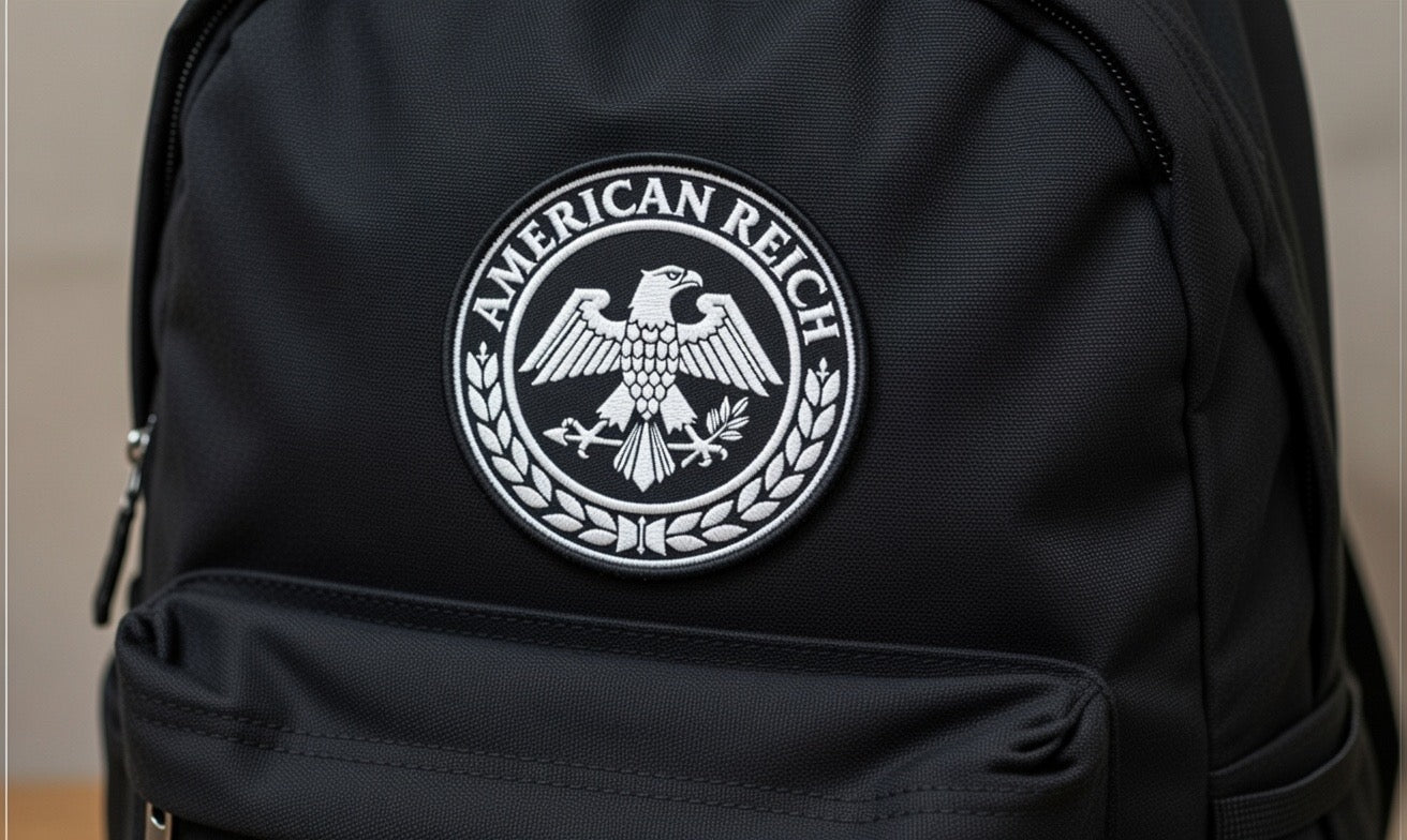 Black twill Iron on patch 3" with raised white embroidery