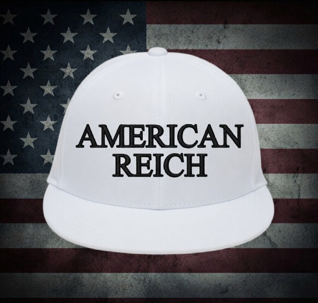 Embroidered Flat-bill Snapback. White Hat/Black Embroidery