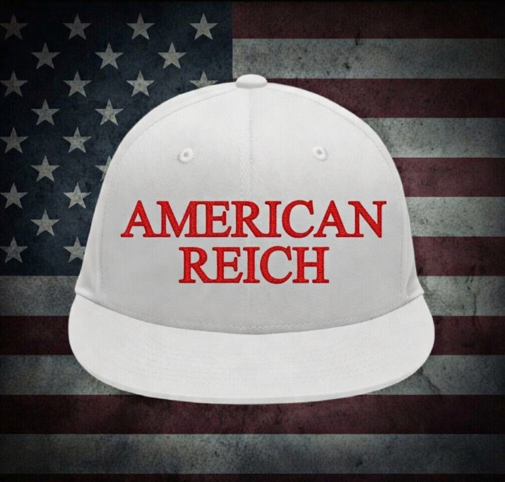 Embroidered Flat-bill Snapback. White Hat/Red Embroidery