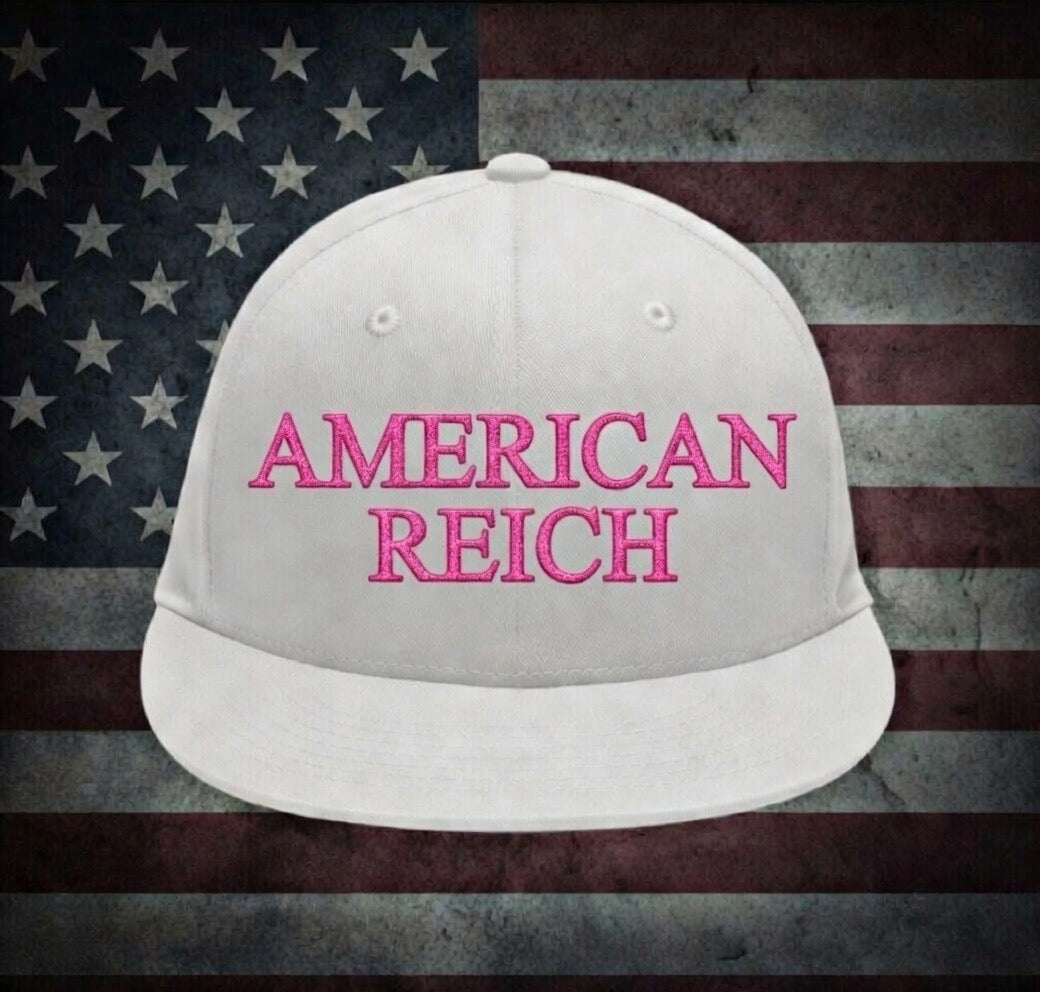 Embroidered Flat-bill Snapback. White Hat-Imperial Pink Embroidery